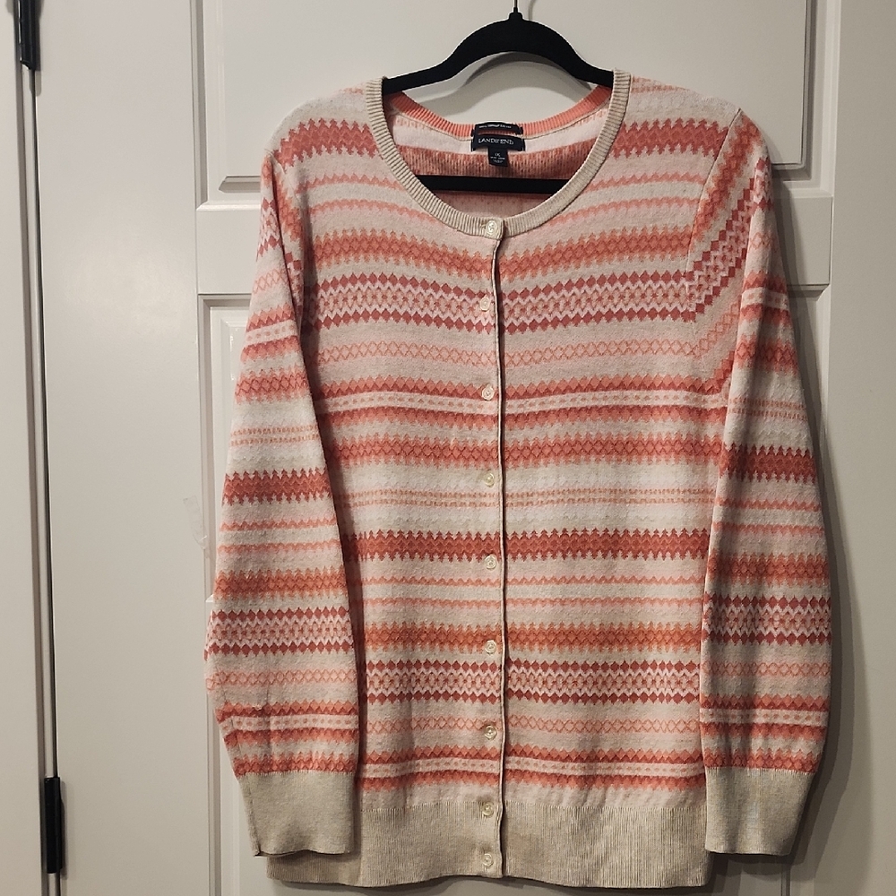 Lands' End Pink and Cream Patterned Cardigan